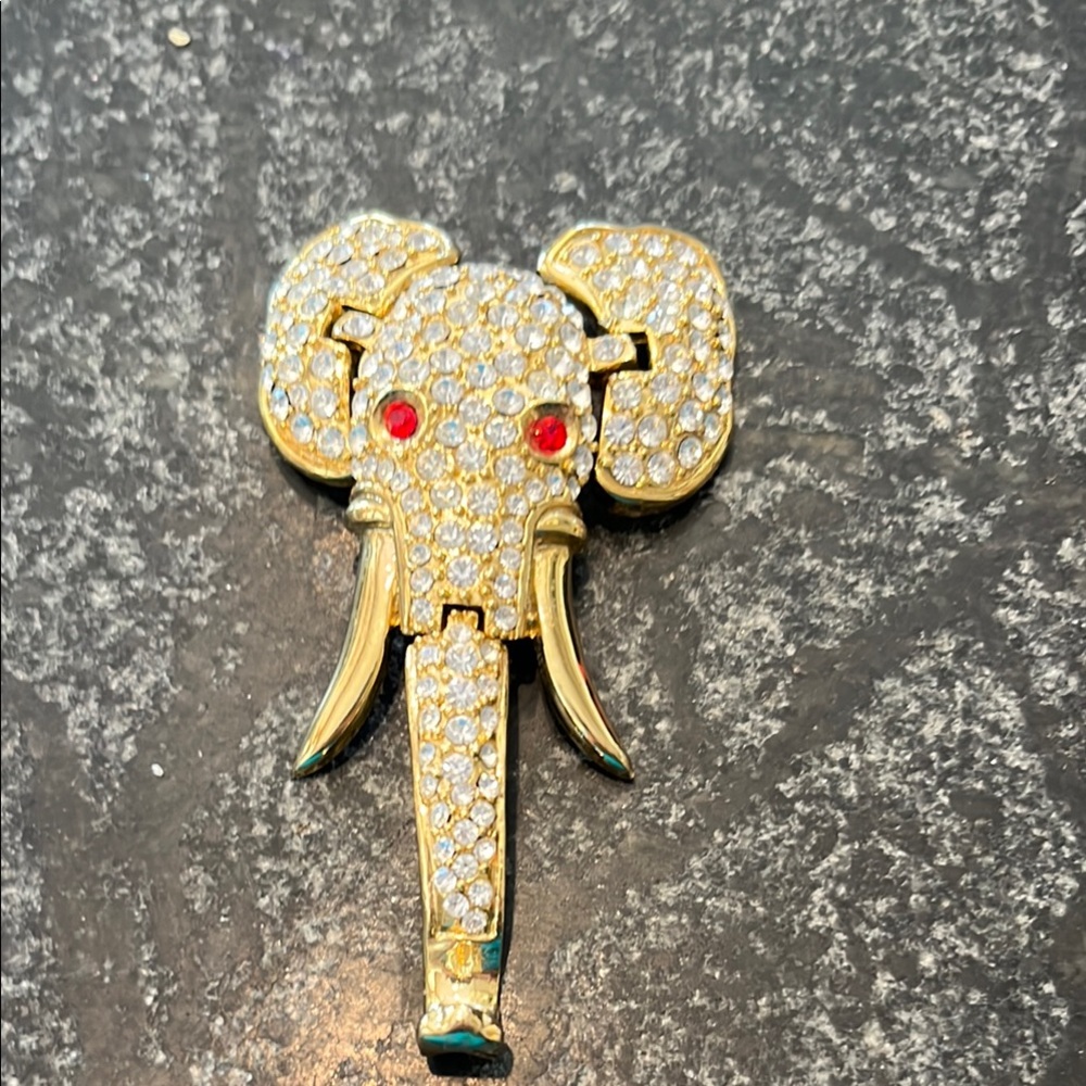Gold Elephant Brooch with Red Eyes
